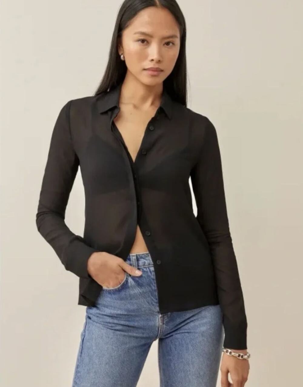 Reformation Violet Sheer Blouse Black Button Down Top Size S NWOT